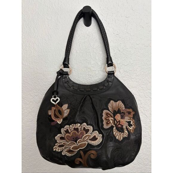 Brighton Handbags - Brighton Valencia Black Leather Floral Embroidered Hobo Bag NWOT Heart Charm